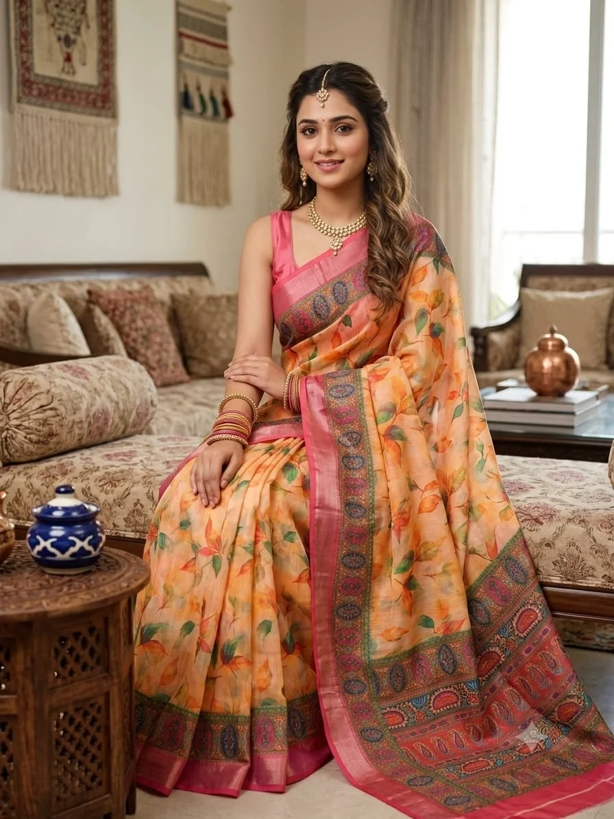 Pink Floral Cotton Saree